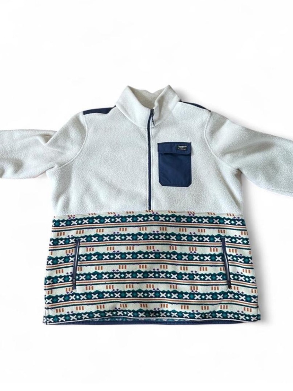White Half-Zip Pullover with Patterned Hem